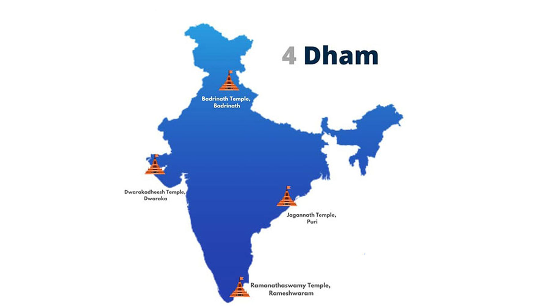 Map of India showing the four Char Dham pilgrimage sites