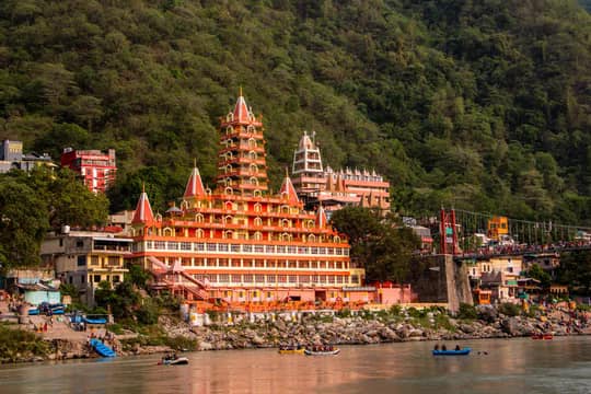 Tera Manzil Temple in Rishikesh, a prominent spiritual site along the Ganga River.